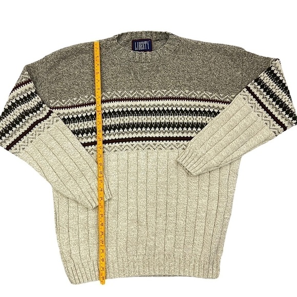 90S Liberty Beige Grey Fair Isle Chunky Knit Grandpa Sweater Mens medium - Picture 3 of 10